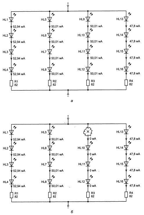Параллельное соединение последовательных ячеек: a — при нормальном функционировании; б — в режиме обрыва HL9