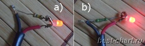 Свечение светодиодного индикатора сделанного своими руками (самостоятельно) а) с резистором на 150кОм b) резистор – на 100кОм.