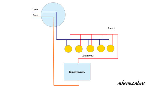 Схема подключения точечных светильников.
