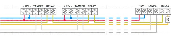 Схема подсоединения трех датчиков движения системы сигнализации